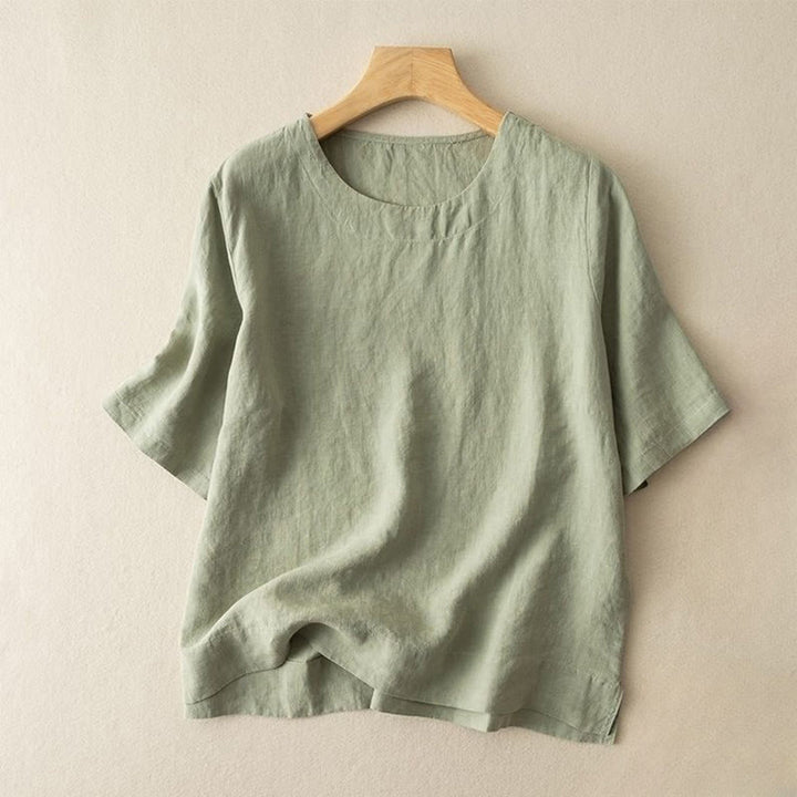 T-shirt simple uni à manches courtes et col ras du cou avec fente latérale en coton et lin pour femme Buddha Stones