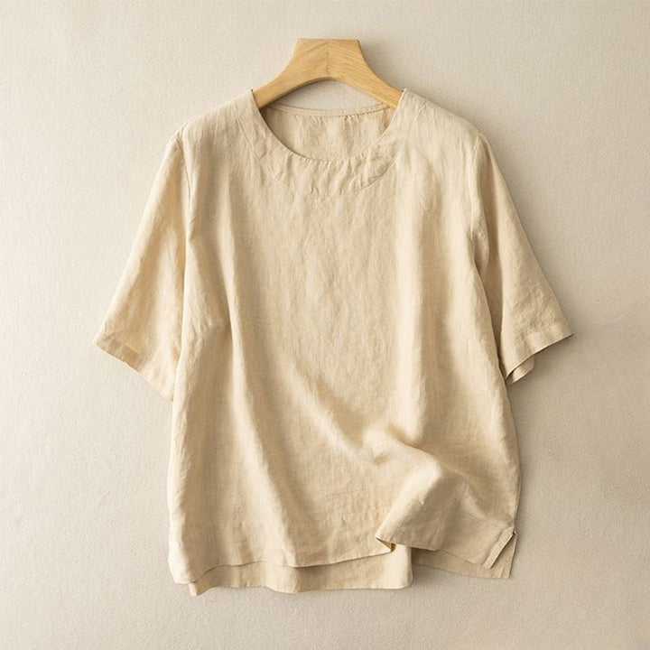 T-shirt simple uni à manches courtes et col ras du cou avec fente latérale en coton et lin pour femme Buddha Stones