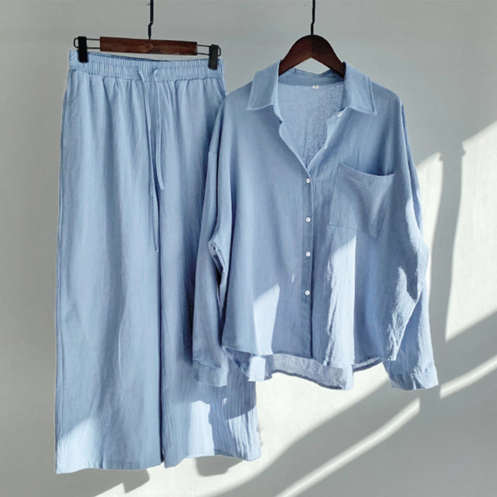 Ensemble 2 pièces pour femme, haut à manches longues avec poches et cordon de serrage, motif Buddha Stones, vêtements de méditation en coton et lin - Bleu acier clair - US20，UK/AU24，EU52 (5XL) - image 24