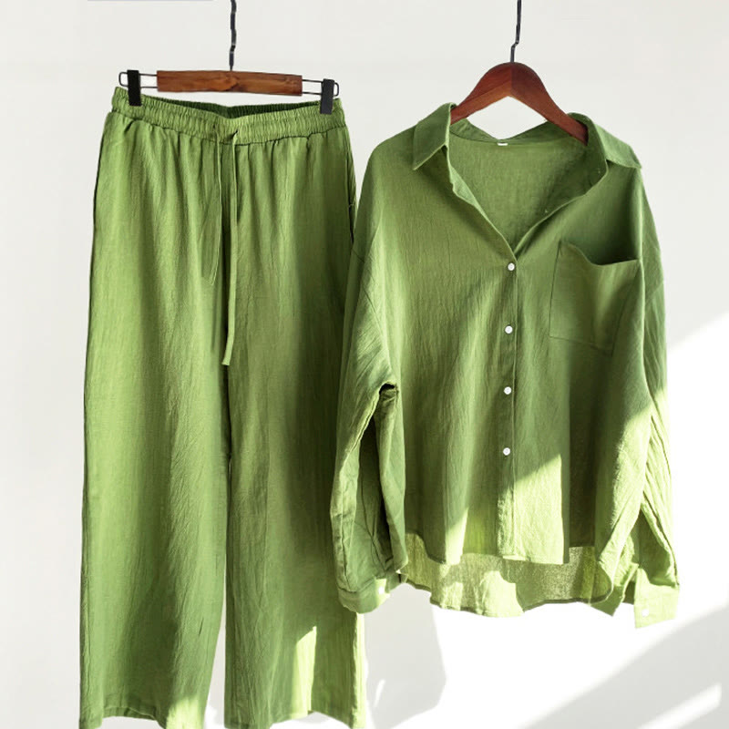 Ensemble 2 pièces pour femme, haut à manches longues avec poches et cordon de serrage, motif Buddha Stones, vêtements de méditation en coton et lin - Vert citron - US20，UK/AU24，EU52 (5XL) - image 0
