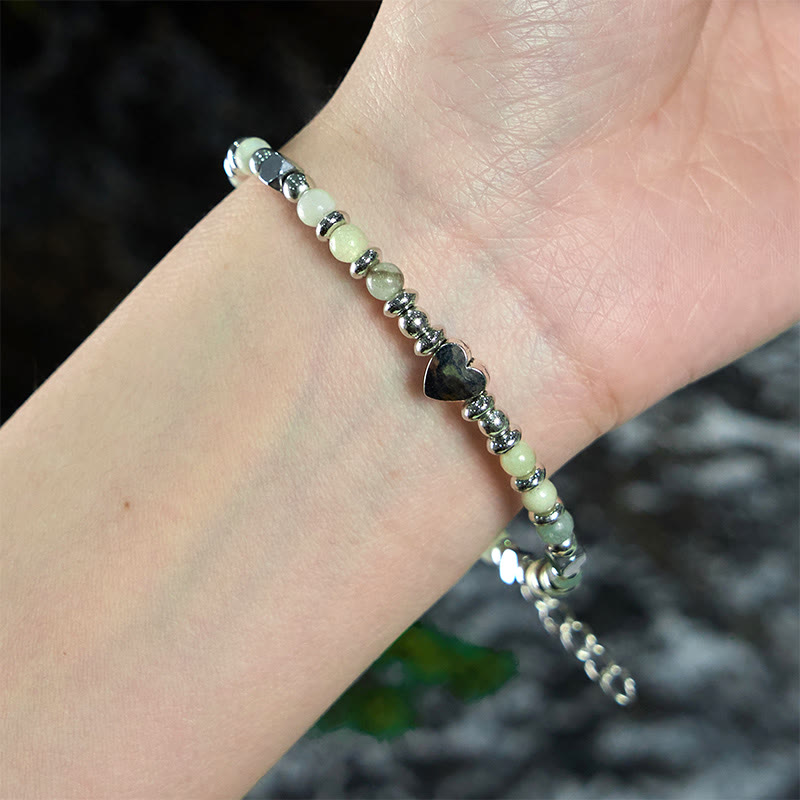 Bracelet en forme de cœur avec Buddha Stones, amazonite, améthyste, lazurite, lapis-lazuli et quartz rose, symbole d'équilibre positif - image 3