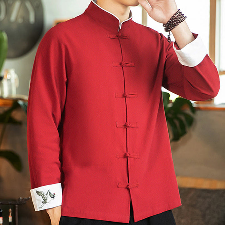 Chemise homme en coton à manches longues avec broderie de grue et boutons de Buddha Stones - image 5