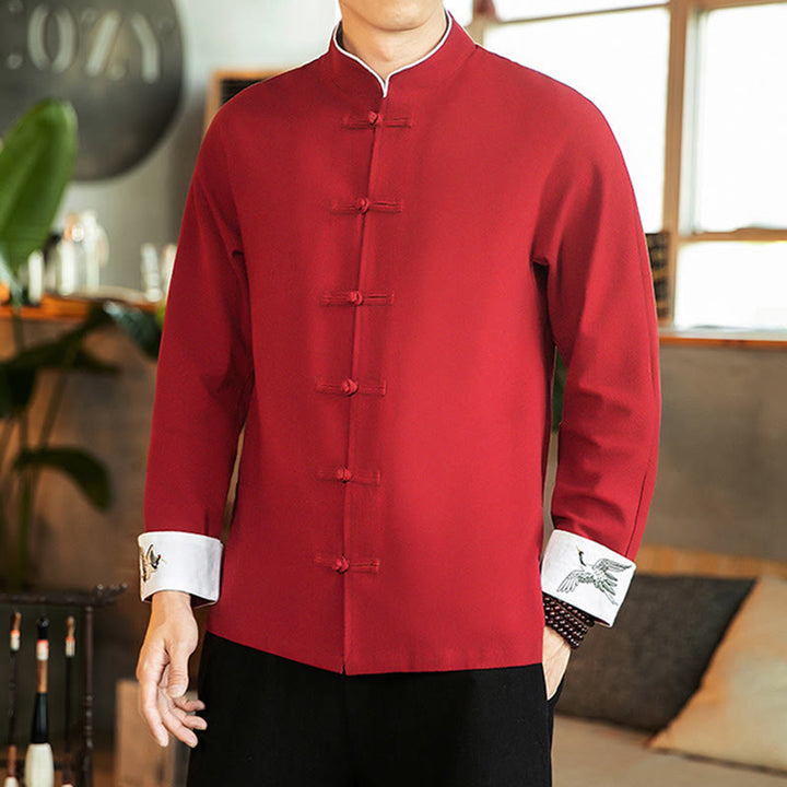 Chemise homme en coton à manches longues avec broderie de grue et boutons de Buddha Stones - image 6