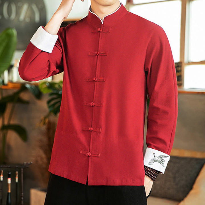 Chemise homme en coton à manches longues avec broderie de grue et boutons de Buddha Stones - image 7