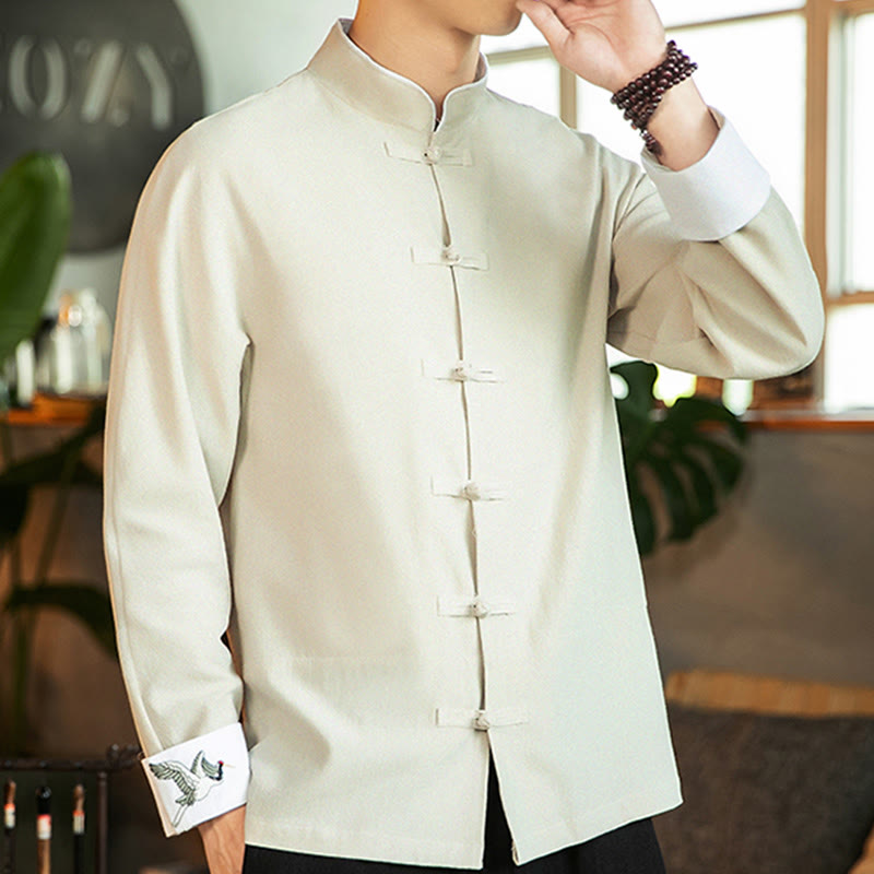 Chemise homme en coton à manches longues avec broderie de grue et boutons de Buddha Stones - image 11