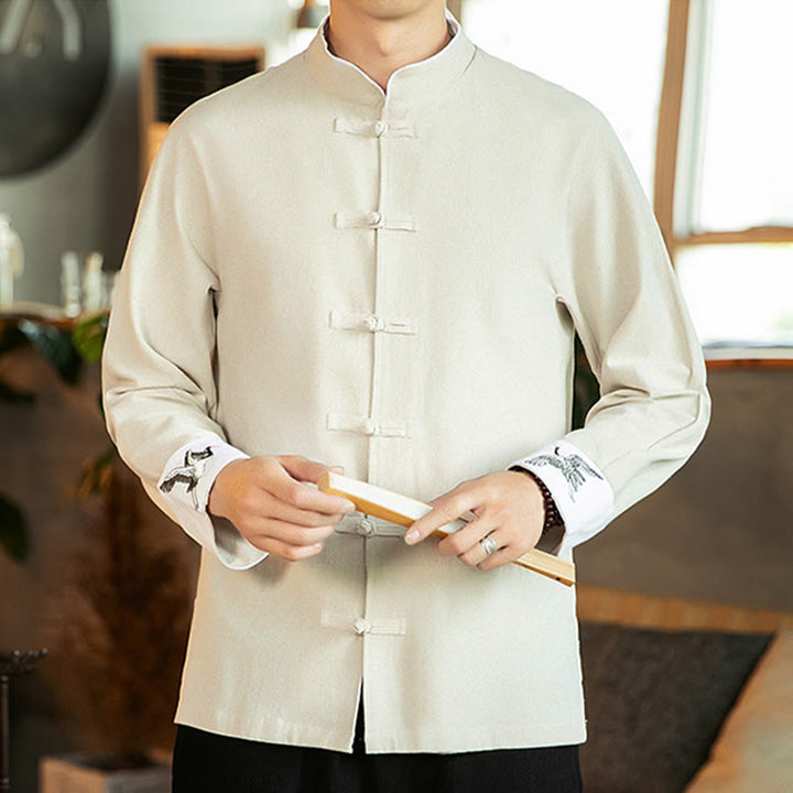 Chemise homme en coton à manches longues avec broderie de grue et boutons de Buddha Stones - image 9