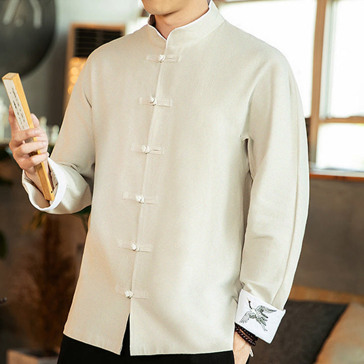 Chemise homme en coton à manches longues avec broderie de grue et boutons de Buddha Stones - image 12