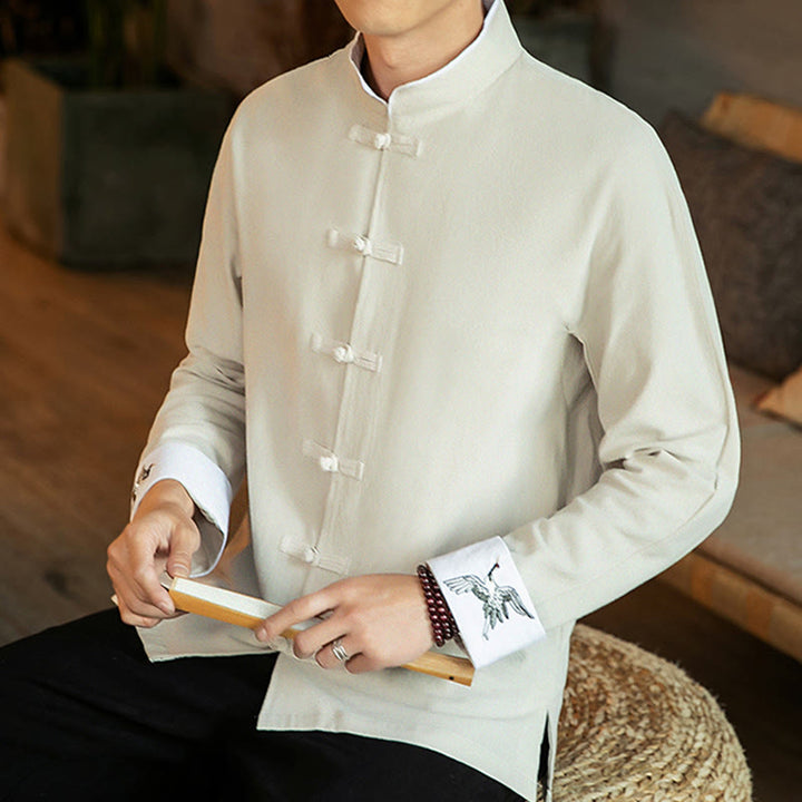 Chemise homme en coton à manches longues avec broderie de grue et boutons de Buddha Stones - image 13