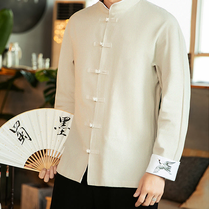 Chemise homme en coton à manches longues avec broderie de grue et boutons de Buddha Stones - image 15