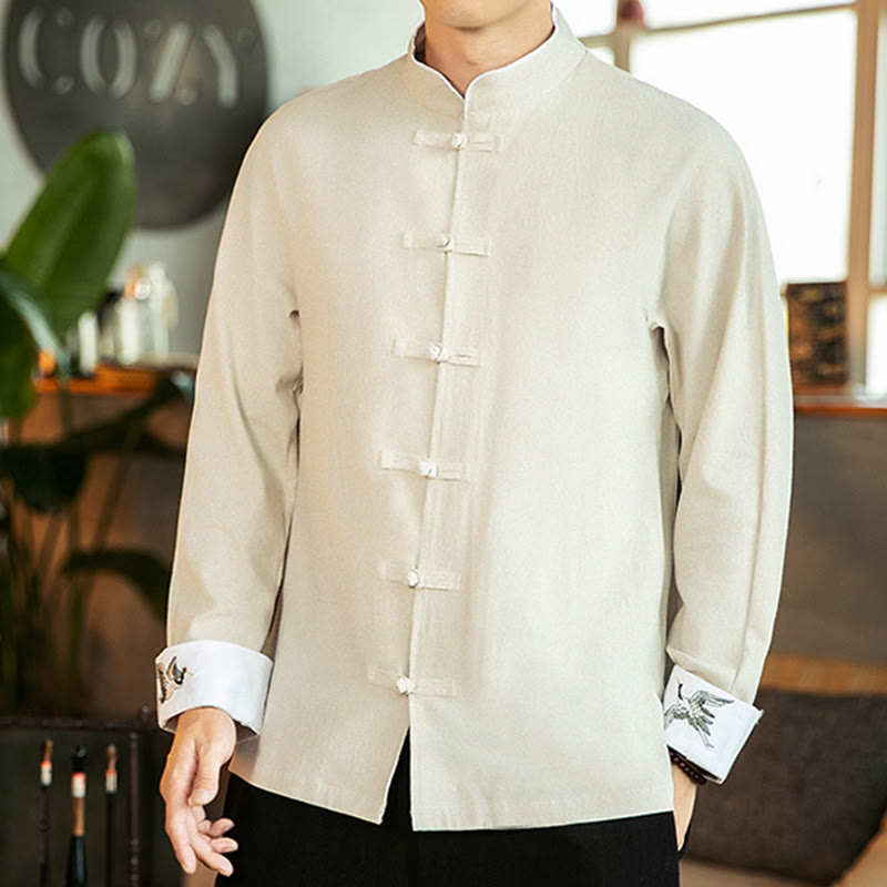 Chemise homme en coton à manches longues avec broderie de grue et boutons de Buddha Stones - image 14