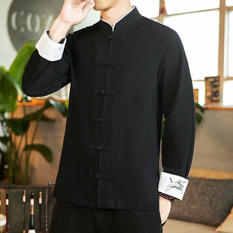 Chemise homme en coton à manches longues avec broderie de grue et boutons de Buddha Stones - image 17