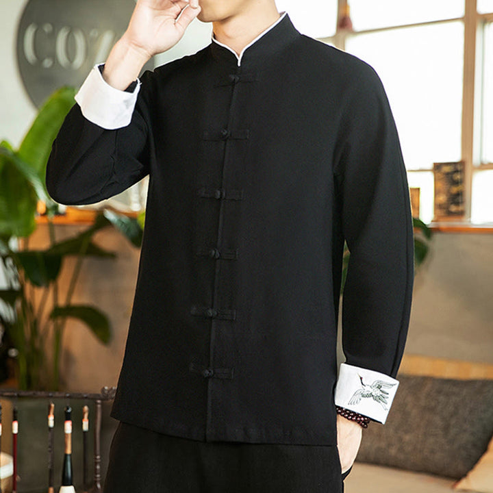 Chemise homme en coton à manches longues avec broderie de grue et boutons de Buddha Stones - image 17