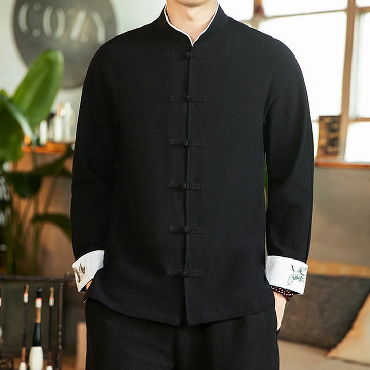 Chemise homme en coton à manches longues avec broderie de grue et boutons de Buddha Stones - image 21