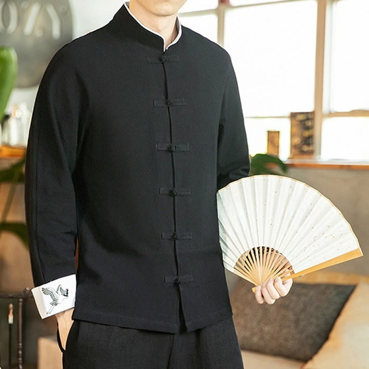 Chemise homme en coton à manches longues avec broderie de grue et boutons de Buddha Stones - image 20