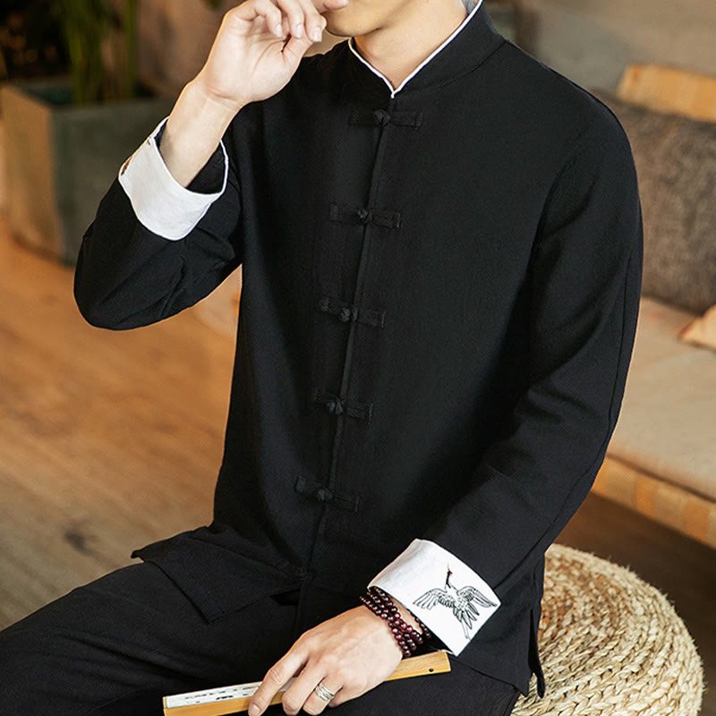 Chemise homme en coton à manches longues avec broderie de grue et boutons de Buddha Stones - image 23