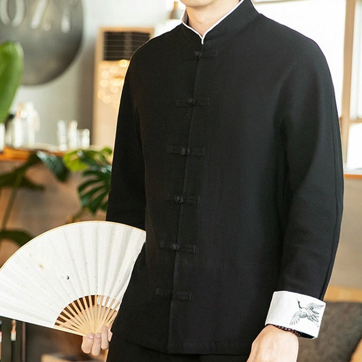 Chemise homme en coton à manches longues avec broderie de grue et boutons de Buddha Stones - image 22