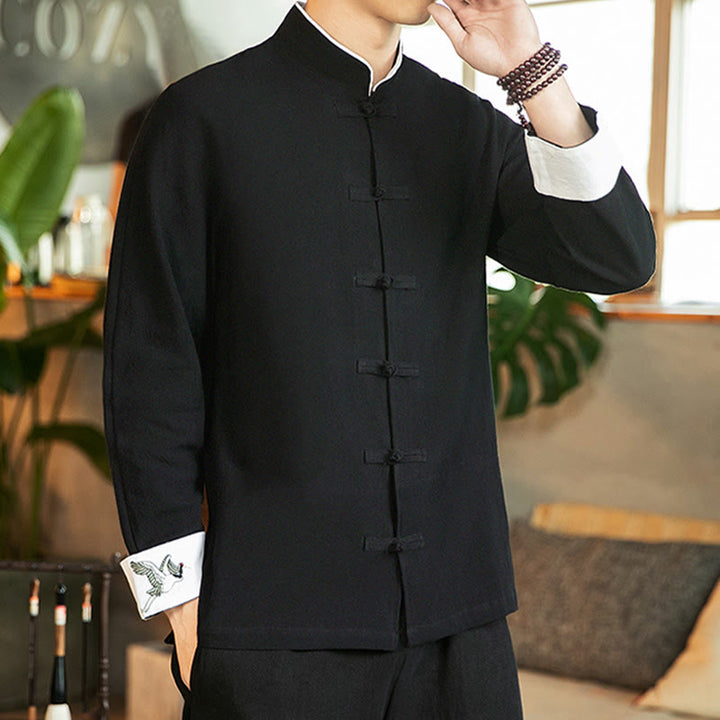 Chemise homme en coton à manches longues avec broderie de grue et boutons de Buddha Stones - image 19