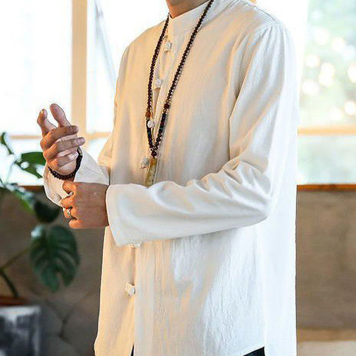 Chemise décontractée en lin à manches longues et col montant avec boutons grenouille et Buddha Stones pour homme