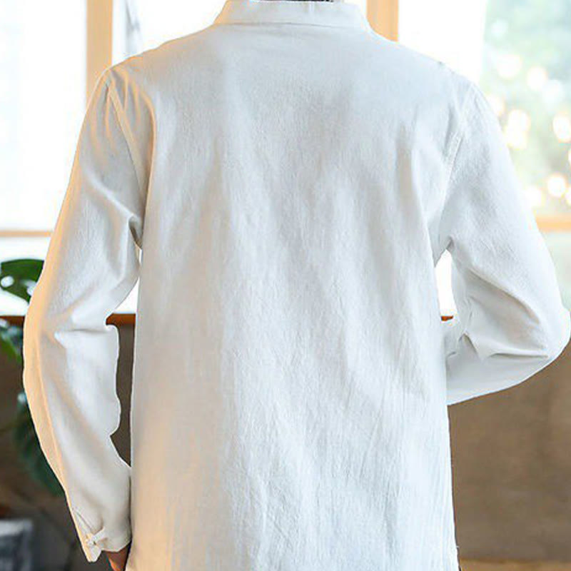 Chemise décontractée en lin à manches longues et col montant avec boutons grenouille et Buddha Stones pour homme - image 1