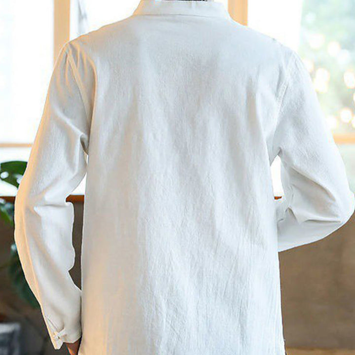 Chemise décontractée en lin à manches longues et col montant avec boutons grenouille et Buddha Stones pour homme - image 1