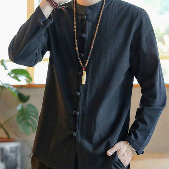 Chemise décontractée en lin à manches longues et col montant avec boutons grenouille et Buddha Stones pour homme - image 7