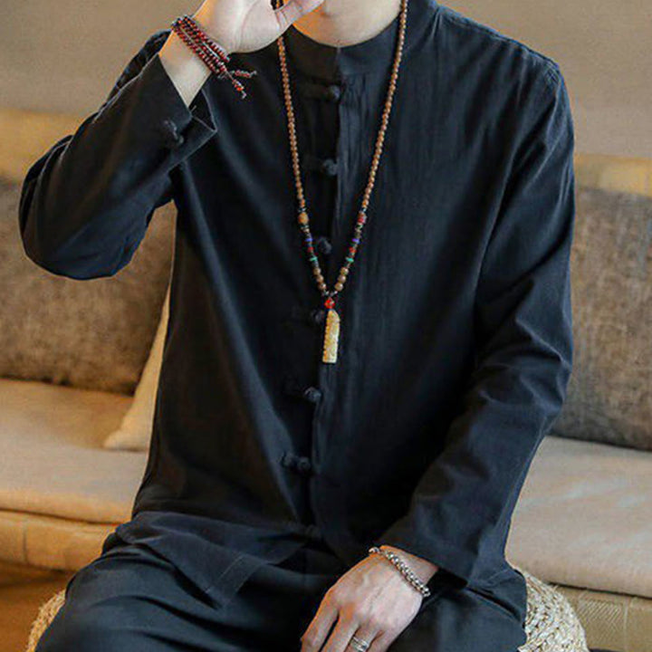 Chemise décontractée en lin à manches longues et col montant avec boutons grenouille et Buddha Stones pour homme - image 9