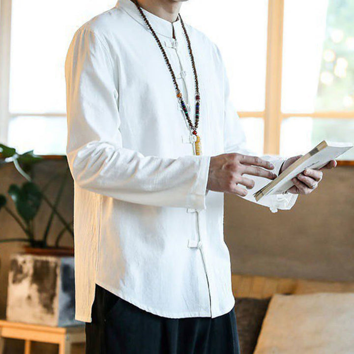 Chemise décontractée en lin à manches longues et col montant avec boutons grenouille et Buddha Stones pour homme - image 5