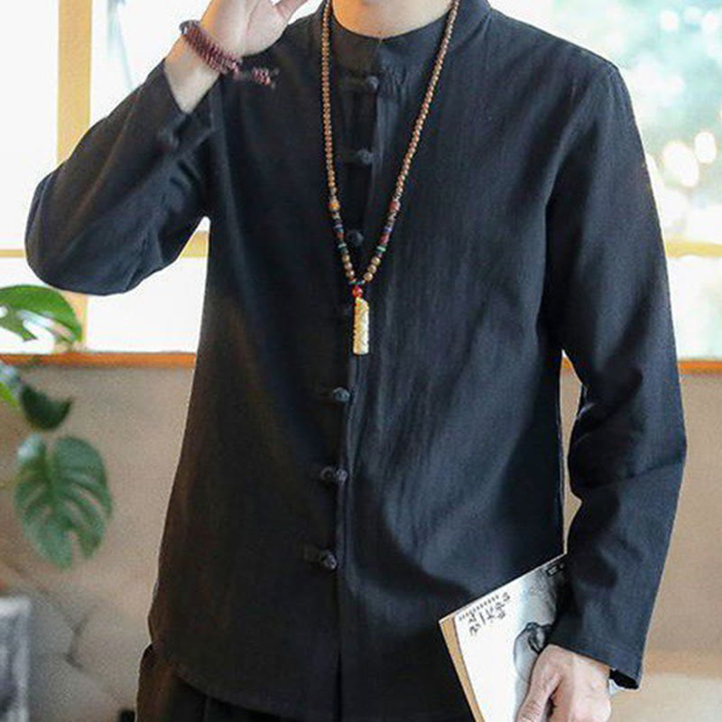 Chemise décontractée en lin à manches longues et col montant avec boutons grenouille et Buddha Stones pour homme - image 8