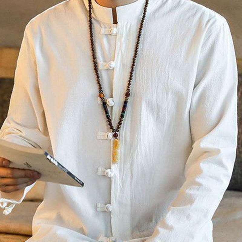 Chemise décontractée en lin à manches longues et col montant avec boutons grenouille et Buddha Stones pour homme - image 4