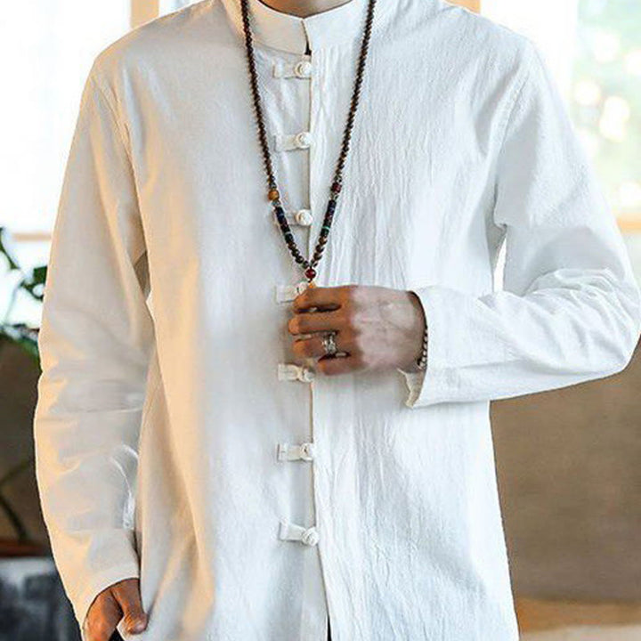 Chemise décontractée en lin à manches longues et col montant avec boutons grenouille et Buddha Stones pour homme - image 2