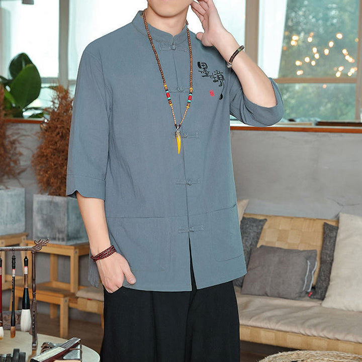 Chemise homme en coton et lin à manches trois-quarts et boutons grenouille motif Buddha Stones - image 2