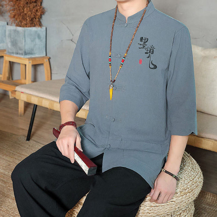 Chemise homme en coton et lin à manches trois-quarts et boutons grenouille motif Buddha Stones - image 4