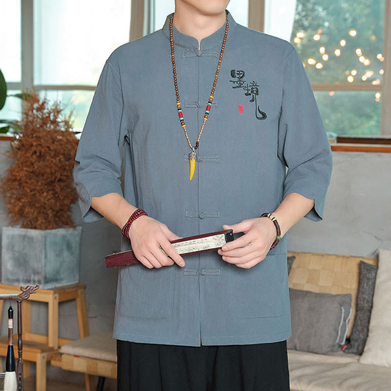 Chemise homme en coton et lin à manches trois-quarts et boutons grenouille motif Buddha Stones - image 1