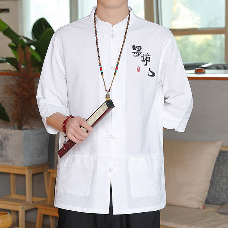 Chemise homme en coton et lin à manches trois-quarts et boutons grenouille motif Buddha Stones - image 6