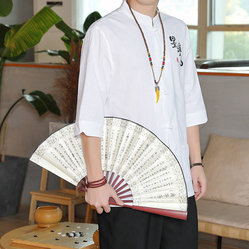 Chemise homme en coton et lin à manches trois-quarts et boutons grenouille motif Buddha Stones - image 8