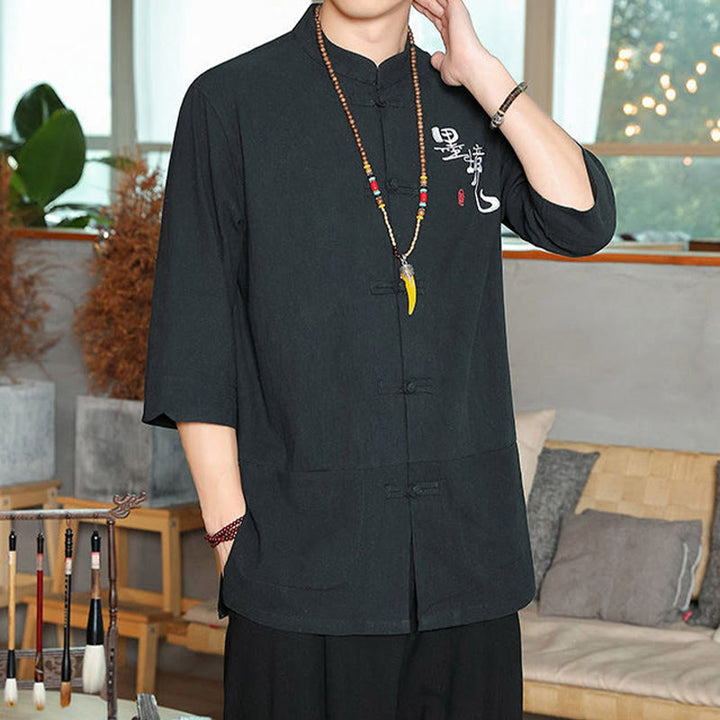 Chemise homme en coton et lin à manches trois-quarts et boutons grenouille motif Buddha Stones - image 14