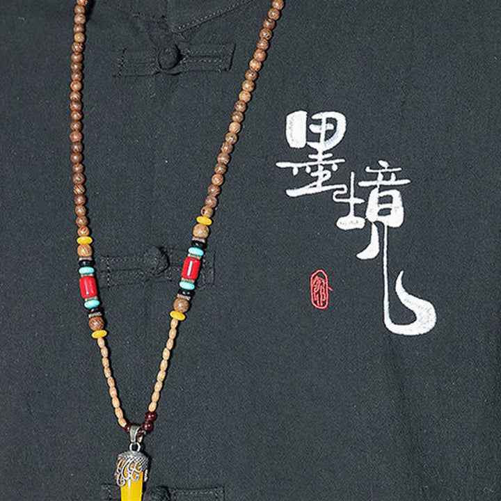 Chemise homme en coton et lin à manches trois-quarts et boutons grenouille motif Buddha Stones - image 17