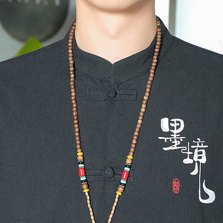 Chemise homme en coton et lin à manches trois-quarts et boutons grenouille motif Buddha Stones - image 16
