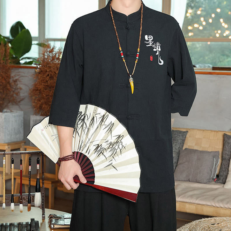 Chemise homme en coton et lin à manches trois-quarts et boutons grenouille motif Buddha Stones - image 13