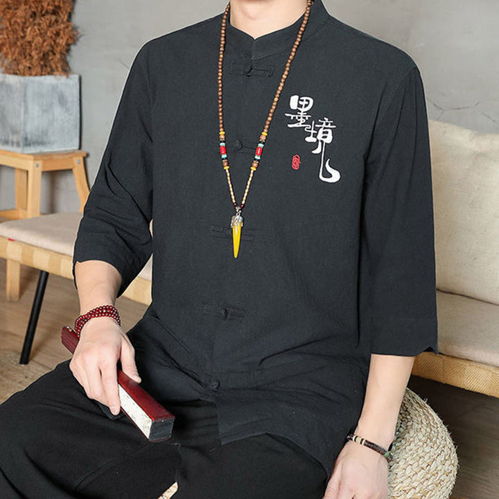 Chemise homme en coton et lin à manches trois-quarts et boutons grenouille motif Buddha Stones - image 15