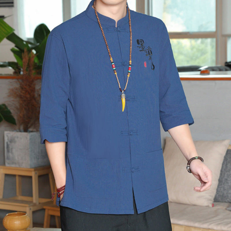 Chemise homme en coton et lin à manches trois-quarts et boutons grenouille motif Buddha Stones - image 24