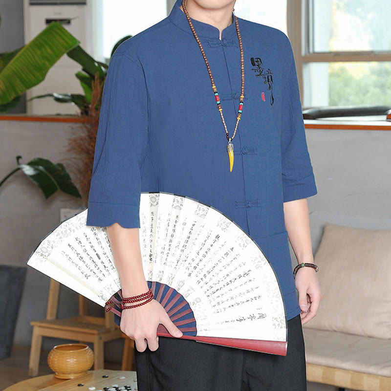 Chemise homme en coton et lin à manches trois-quarts et boutons grenouille motif Buddha Stones - image 23