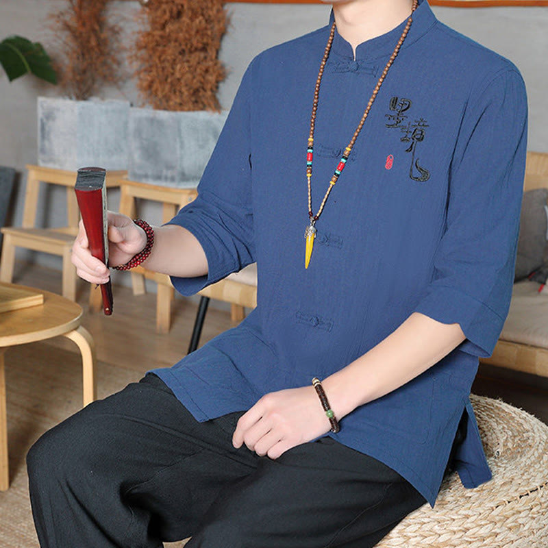 Chemise homme en coton et lin à manches trois-quarts et boutons grenouille motif Buddha Stones - image 26