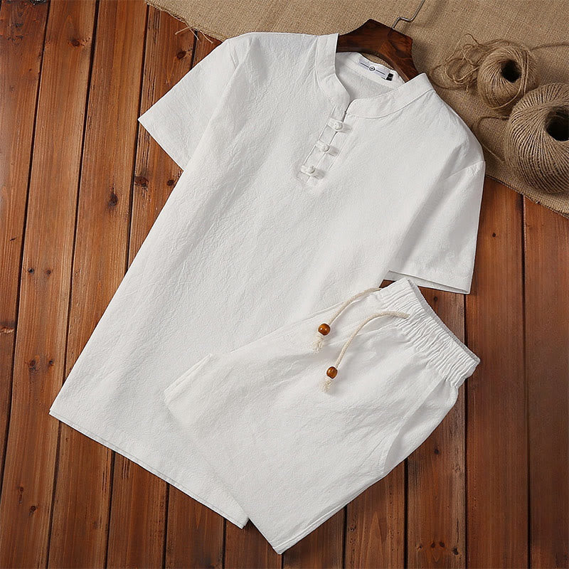Ensemble 2 pièces pour homme, couleur unie, motif Buddha Stones, boutons grenouille, pantalon à manches courtes, en coton et lin - Blanc - US/UK/AU46，EU56 (5XL) - image 0