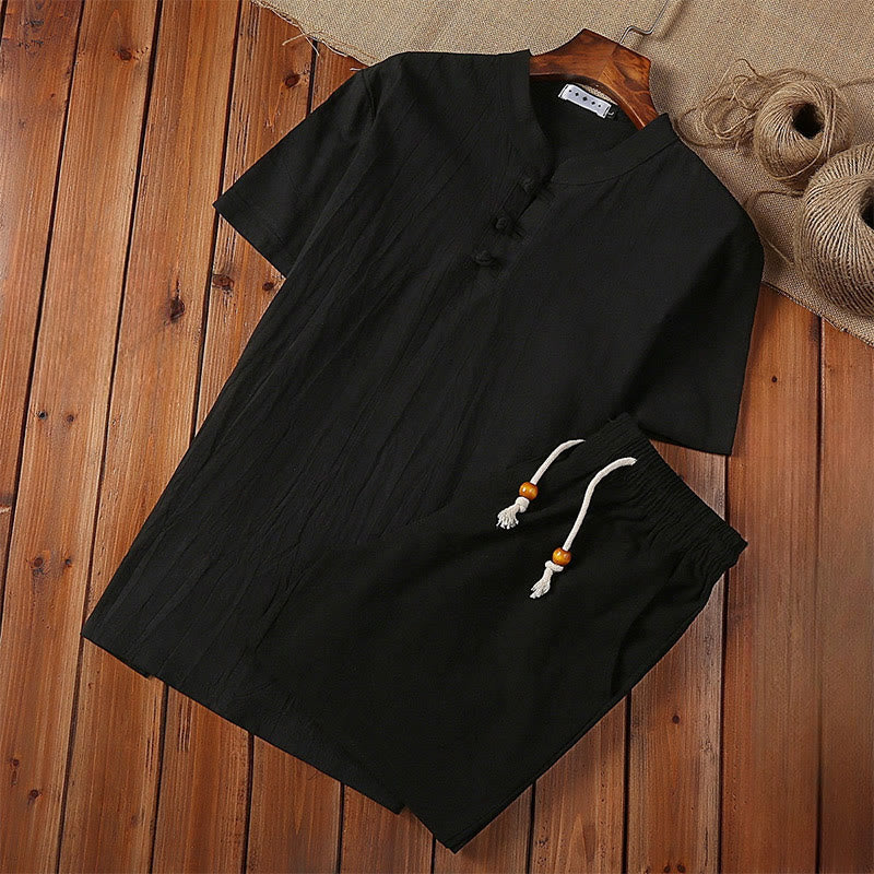 Ensemble 2 pièces pour homme, couleur unie, motif Buddha Stones, boutons grenouille, pantalon à manches courtes, en coton et lin - Noir - US/UK/AU46，EU56 (5XL) - image 1