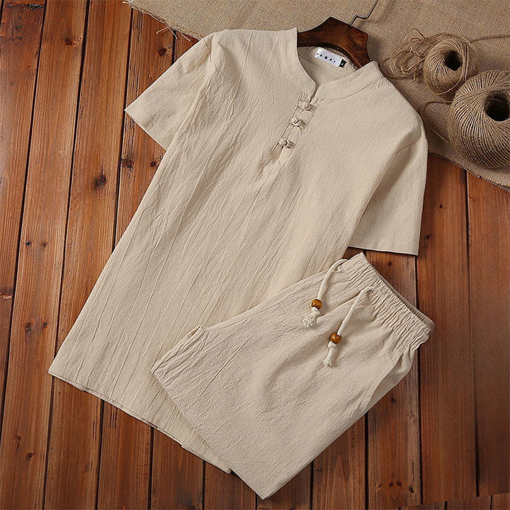 Ensemble 2 pièces pour homme, couleur unie, motif Buddha Stones, boutons grenouille, pantalon à manches courtes, en coton et lin - Beige - US/UK/AU46，EU56 (5XL) - image 3