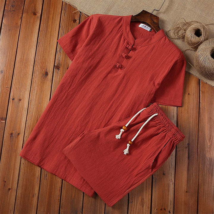 Ensemble 2 pièces pour homme, couleur unie, motif Buddha Stones, boutons grenouille, pantalon à manches courtes, en coton et lin - Rouge - US/UK/AU46，EU56 (5XL) - image 13