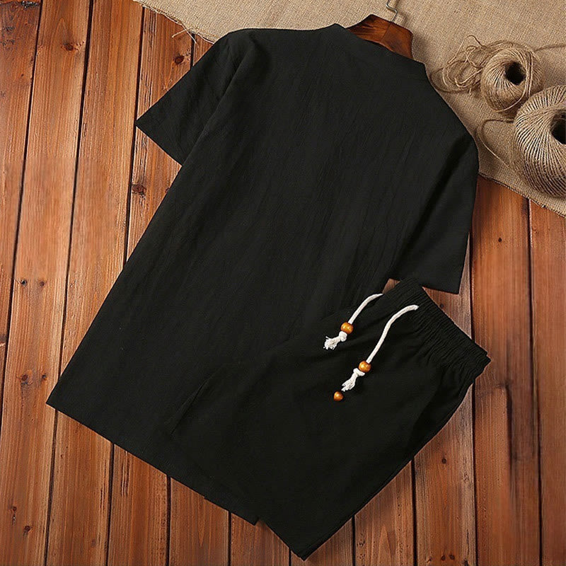 Ensemble 2 pièces pour homme, couleur unie, motif Buddha Stones, boutons grenouille, pantalon à manches courtes, en coton et lin - image 2