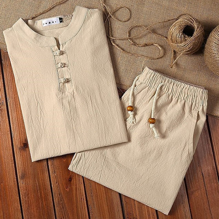 Ensemble 2 pièces pour homme, couleur unie, motif Buddha Stones, boutons grenouille, pantalon à manches courtes, en coton et lin - image 4