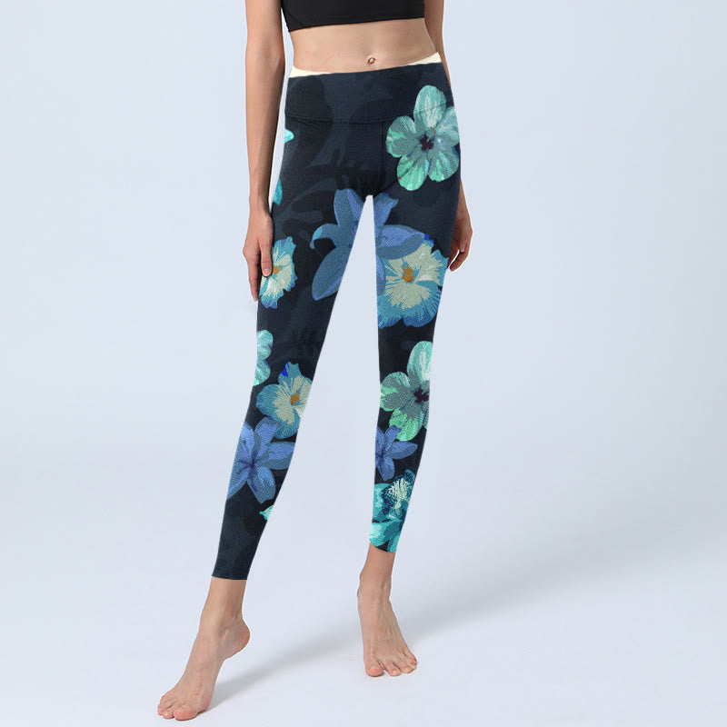 Leggings de yoga pour femme à imprimé floral vert et bleu Buddha Stones - image 5
